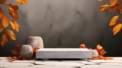  a white bench sitting on top of a stone floor next to a tree with orange leaves on it and a gray wall in the background.