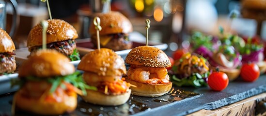 Catering provided for event guests: mini meat burgers, shrimp, canapes, rolls, a lavish table.