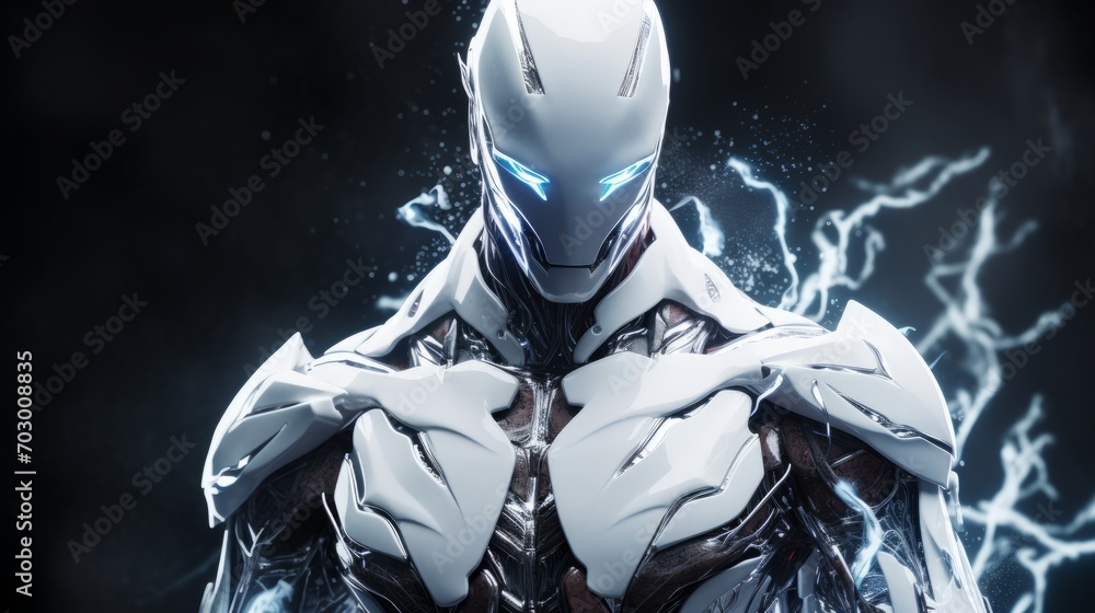 Poster high-tech robot with energy splash in the form of lightning, ai