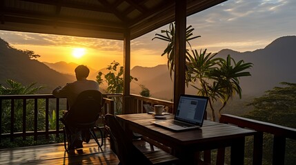 Mountain view backyard office  man working remotely and talking on phone outdoors in morning
