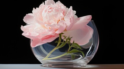 a pink flower sitting inside of a glass vase on a table next to a black wall and a black background.