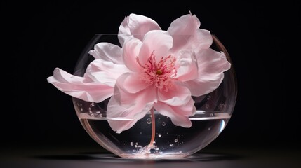  a close up of a flower in a glass bowl with water on the bottom of the bowl, on a black background.