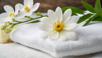 Fototapeta na wymiar Spa still life with towel and flower, spa theme, wellness and body treatment