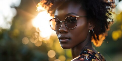 Portrait of a young African woman with glasses at sunset