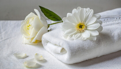 Obraz na płótnie Canvas Close up of towel and flowers, spa concept, wellness and body treatment