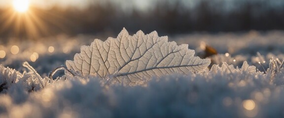 Frost Patterns on a Leaf A macro panoramic image of intricate frost patterns on an autumn leaf