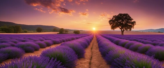  Lavender Field at Sunset_ Rows of lavender stretching to the horizon, the setting sun casting