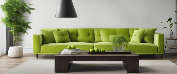 Lime Green Accent Pillows on a Neutral Sofa  A panoramic view of a minimalist living room