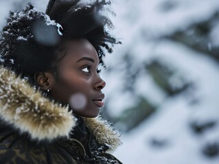 Portrait of a Young Black Woman in Winter Setting for Fashion and Lifestyle