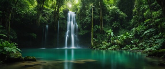  Rainforest Waterfall Reflection A panoramic view of a towering waterfall in a lush rainforest