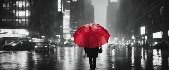 Red Umbrella in a Rainy Cityscape_ A panoramic black and white photo of a busy city street 