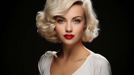 Porträt einer schönen jungen Frau mit Bob-Frisur und roten Lippen