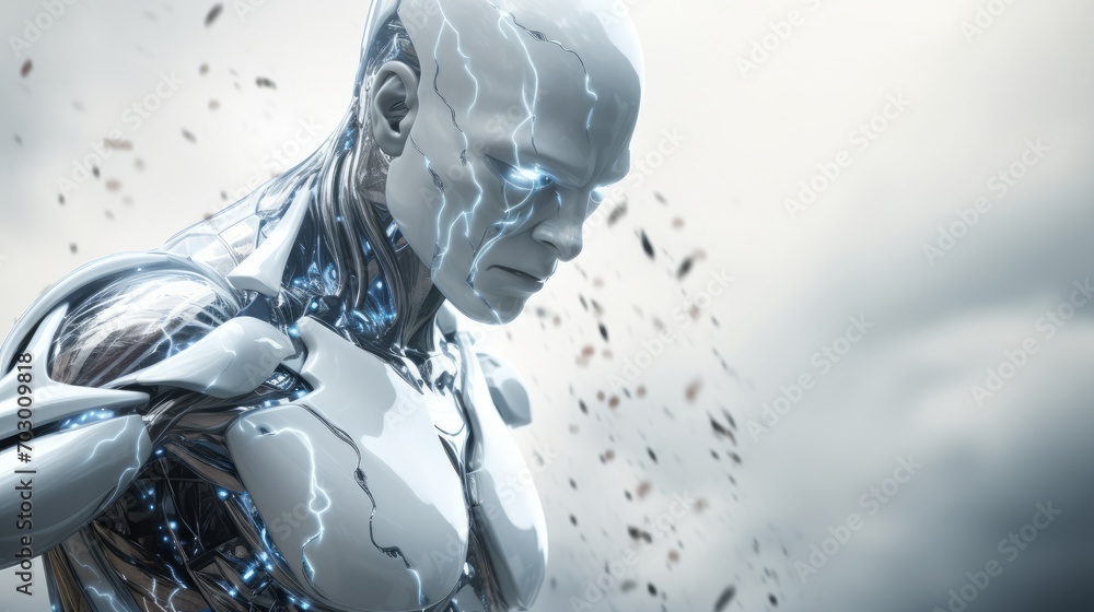 Poster high-tech robot with energy splash in the form of lightning, ai