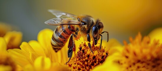 A small bee sitting on a yellow flower drinks nectar and enjoys the aroma.