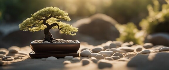  Zen Garden Serenity_ Detailed view of a miniature Zen garden with raked sand, smooth stones - obrazy, fototapety, plakaty