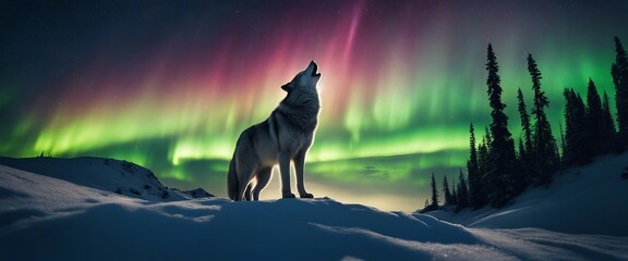A motivating and vibrant panoramic image of a lone wolf standing on a cliff, howling against  - obrazy, fototapety, plakaty
