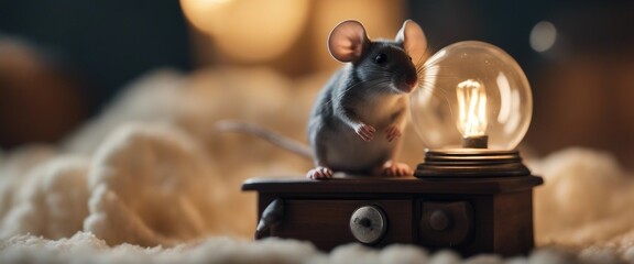 A tiny mouse in a thimble bed, tucked in with a cotton ball blanket, and a matchbox nightstand - obrazy, fototapety, plakaty