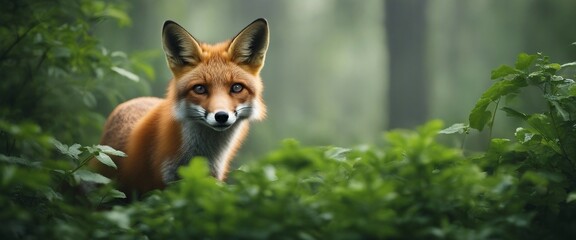 An award-winning potential photo of a curious fox peeking through a lush green bush