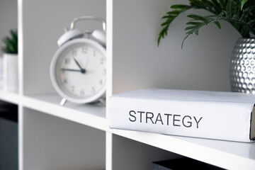 Strategy book with alarm-clock and green plants on shelves in office. Business strategy, sell, marketing. Startup, success and solutions. Investment, analysis and management.