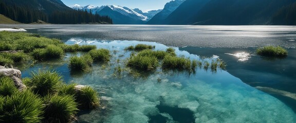 Alpine Lake Thaw The icy blue of a high alpine lake partially thawed, reflecting the surrounding