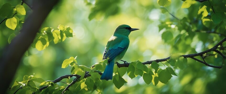 Birdwatcher's Paradise A hidden nook in a vibrant green forest, where a variety of birds 