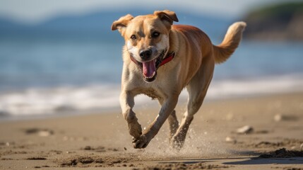Perro feliz corriendo por la playa - obrazy, fototapety, plakaty