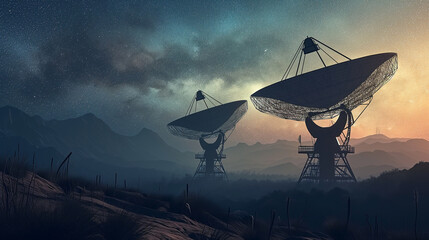 Twin satellite dishes at an astronomical observatory, unveiling celestial marvels adorn our universe