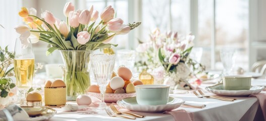 Elegant Easter brunch table setting with spring flowers and pastel decor. Seasonal celebration and...