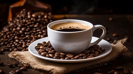 Fototapeta premium Rustic vintage table setting with espresso coffee cup and freshly roasted coffee beans as background