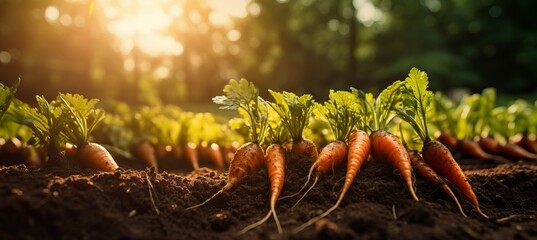 Closeup of vibrant organic carrot vegetable growing in fertile garden soil with natural background - obrazy, fototapety, plakaty