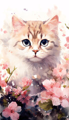 Enchanting watercolor illustration of a cute kitten surrounded by colorful summer flowers