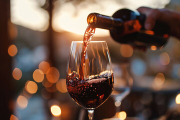 Hand pouring red wine in a glass. Close up image, unrecognizable person
