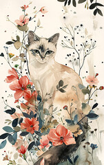 Enchanting watercolor illustration of a cute kitten surrounded by colorful summer flowers