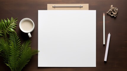  a blank sheet of paper next to a cup of coffee, pencils, and a plant on a table.