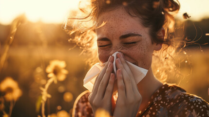woman with pollen allergies with freckles sneezing outdoors - obrazy, fototapety, plakaty