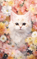 Enchanting watercolor illustration of a cute kitten surrounded by colorful summer flowers
