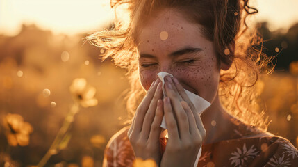 woman with pollen allergies with freckles sneezing outdoors - obrazy, fototapety, plakaty