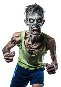 Zombie athlete running with rage over isolated transparent background