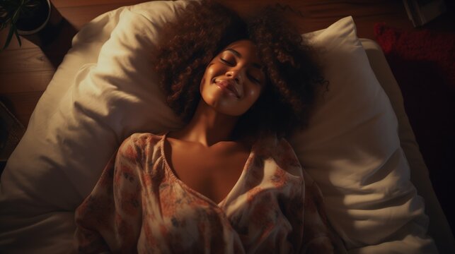Candid photo of Top View Apartment Beautiful Young Black  woman Sleeps Charmingly in His Bed, Greets a New Day with Happiness and Smiles, generative ai.
