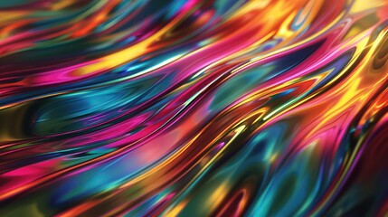A sleek metallic finish enhances the vibrancy of glossy colored waves in this abstract background, creating a dynamic display with bright rainbow hues.