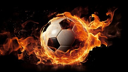 Explosive and dynamic soccer ball on fire, fiercely striking the goal with a net ablaze in flames