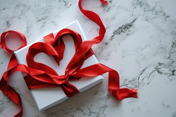 Fototapeta premium A red ribbon forming a heart shape against a white gift box, a symbol of love wrapped in surprise and delight copy-space