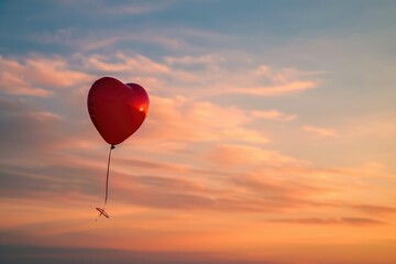 A single red heart balloon floating against a gradient sunset sky, a serene and hopeful Valentine's background with copy-space for dreamy declarations.