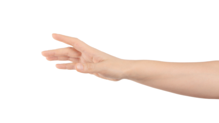 Close up of hand trying to reach for someone or something. Gesture of giving or asking help or sign for lust isolated on transparent png background. Carrying for you.  Gentle motion and gesture female