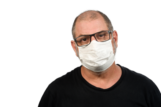 Portrait of a man, in a medical mask using alcohol gel. A concept of the danger of COVID-19 coronavirus for the elderly. on white background with space for text
