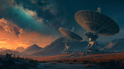 Twin radio telescopes at an astronomical observatory, capturing celestial beauty of our universe