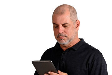 bald adult man showing cell phone handset technology edition 