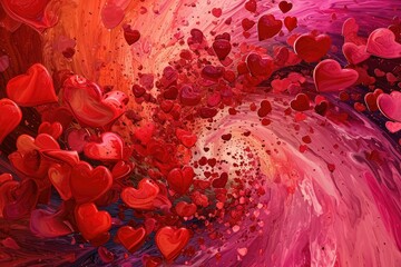Abstract hearts in shades of pink and red swirling on a vibrant background, a dance of love and joy