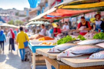 Fischstand auf einem Markt  - obrazy, fototapety, plakaty