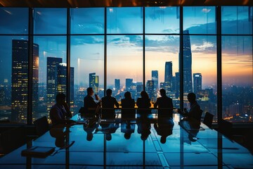 Corporate meeting in a high-rise building overlooking the city - obrazy, fototapety, plakaty